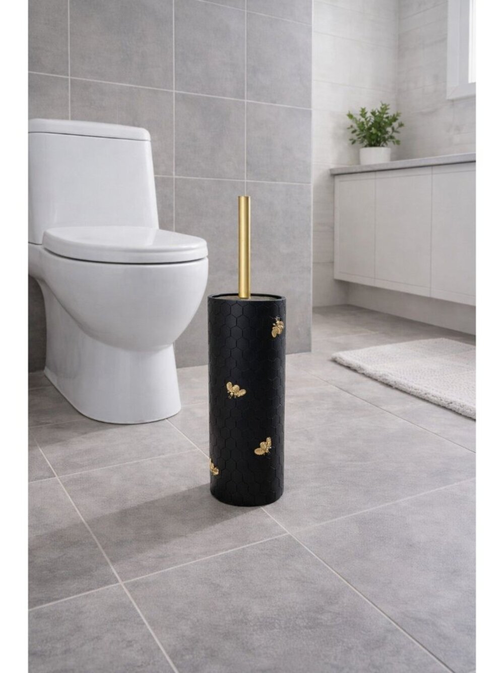 New Black / Gold Bumble Bee Honey Comb Bathroom Brush and Holder Set